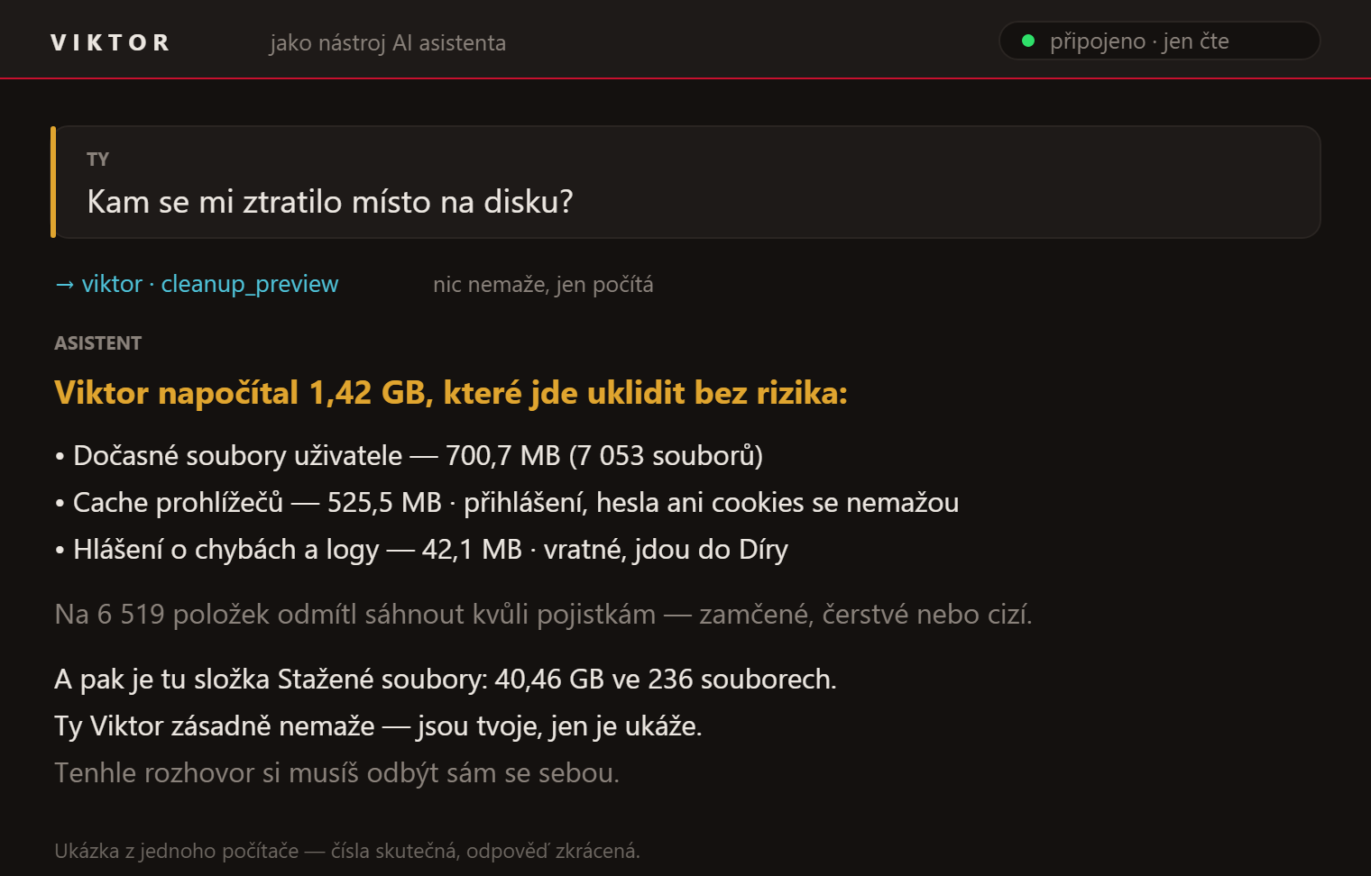 Otázka „Kam se mi ztratilo místo na disku?" a odpověď z náhledu úklidu: 1,42 GB k uvolnění, a 40 GB ve Stažených, na které Viktor zásadně nesahá.