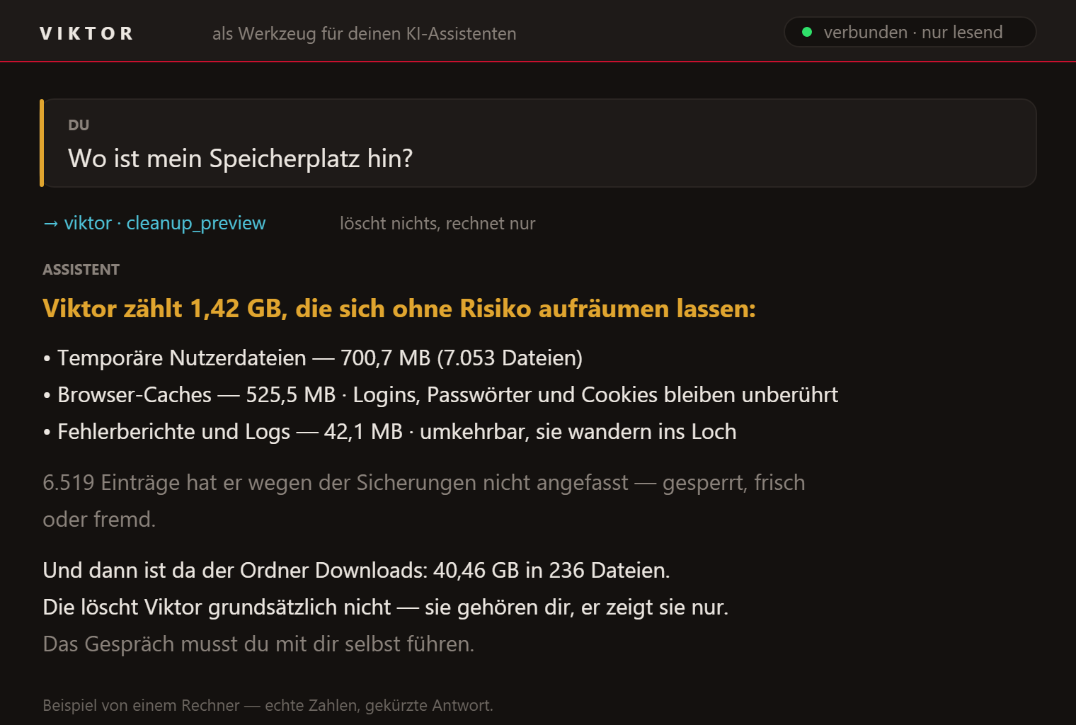 Frage "Wo ist mein Speicherplatz hin?" und die Antwort aus der Aufräum-Vorschau: 1,42 GB frei zu machen, dazu 40 GB in Downloads, die Viktor nie anrührt.