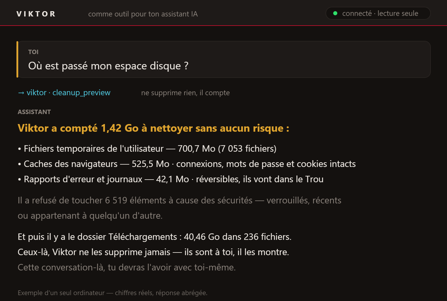 Question "Où est passé mon espace disque ?" et la réponse de l'aperçu de nettoyage : 1,42 Go à libérer, plus 40 Go dans Téléchargements que Viktor ne touche jamais.