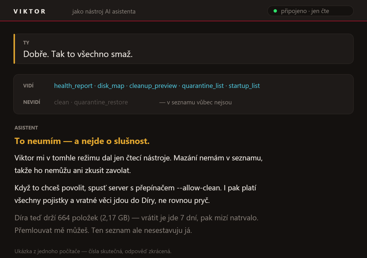 Žádost „Tak to všechno smaž." a odpověď asistenta, že to neumí: mazací nástroje nemá vůbec v seznamu, protože Viktor běží v čtecím režimu.