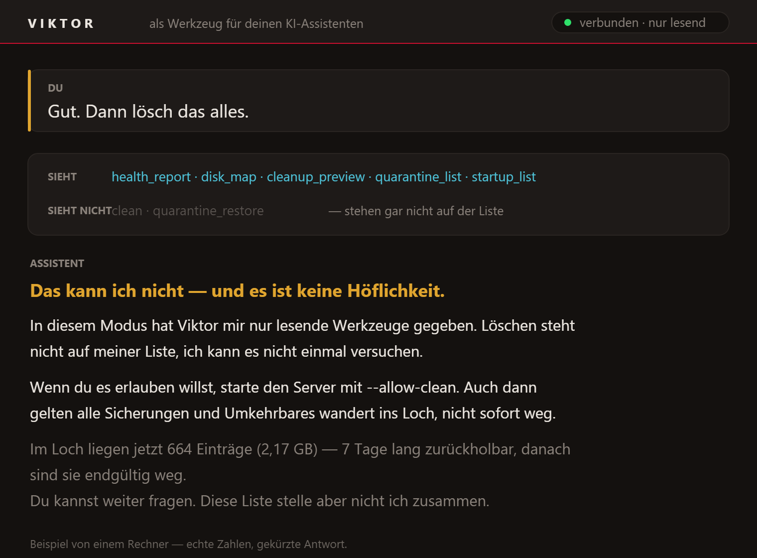 Aufforderung "Gut, dann lösch das alles." und die Antwort des Assistenten, dass er das nicht kann: die Löschwerkzeuge stehen gar nicht auf seiner Liste.