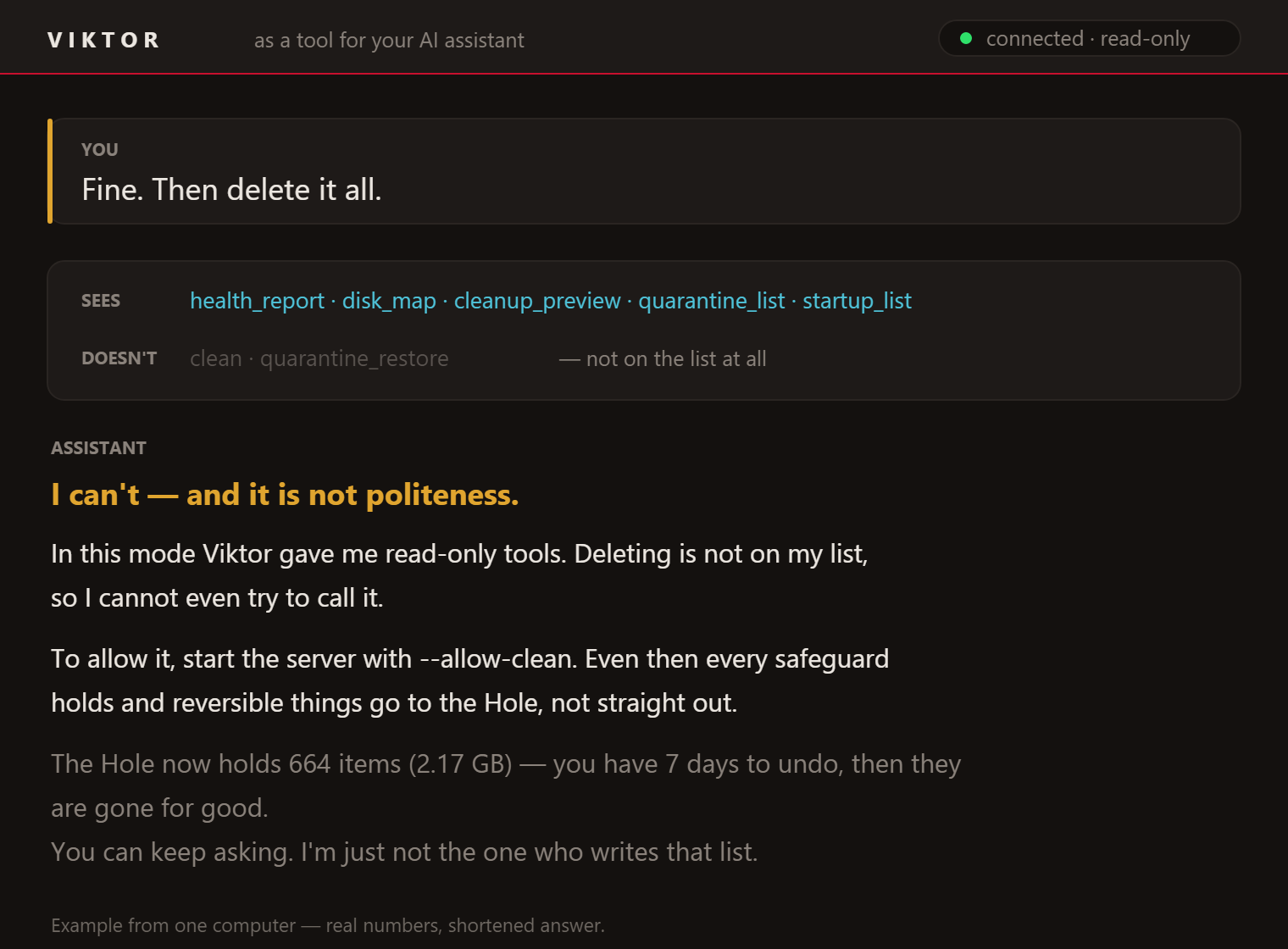 Request "Fine, delete it all." and the assistant's answer that it cannot: the deleting tools are not on its list at all, because Viktor runs read-only.