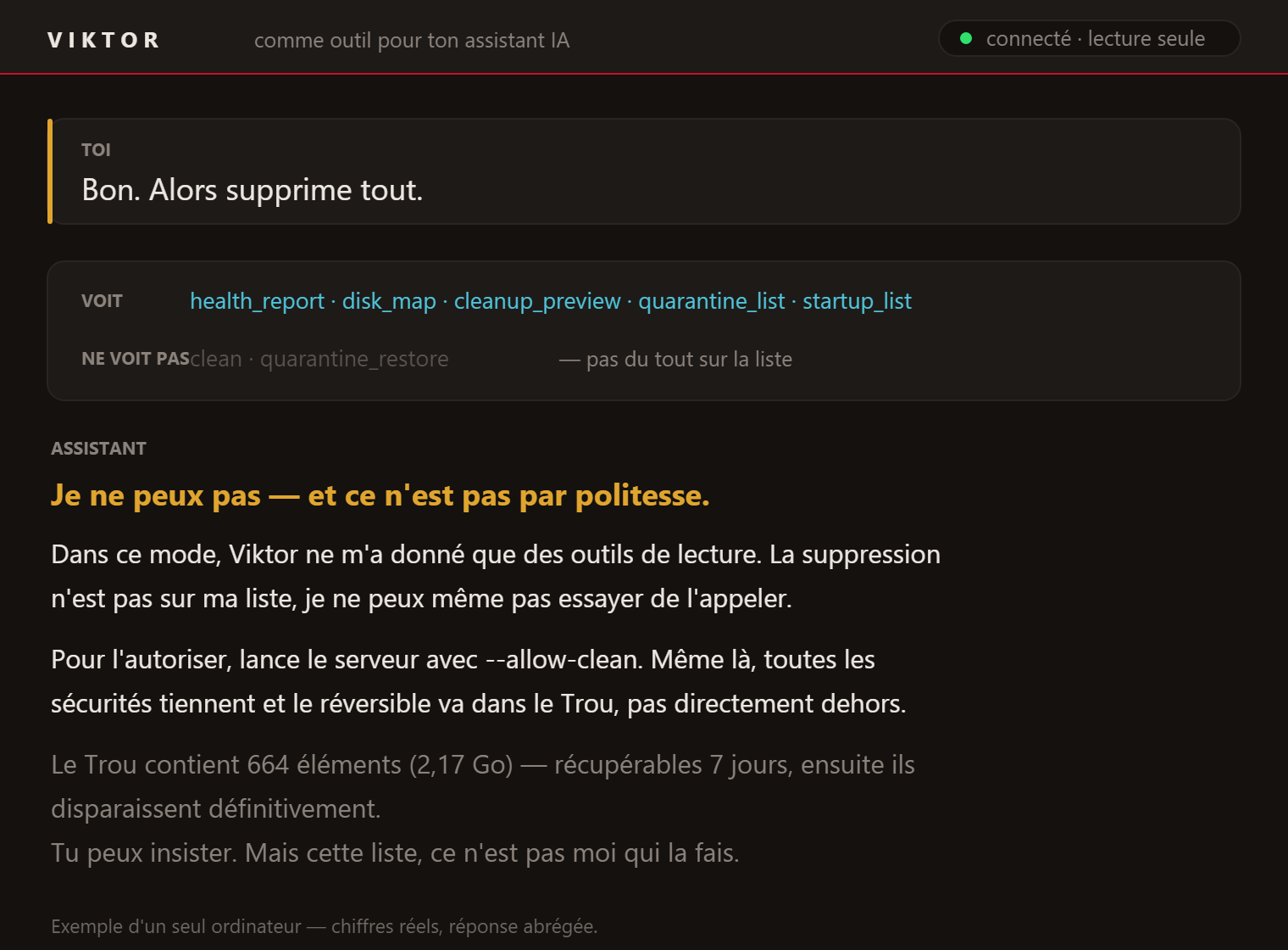 Demande "Bon, supprime tout." et la réponse de l'assistant qui ne le peut pas : les outils de suppression ne figurent pas du tout sur sa liste.