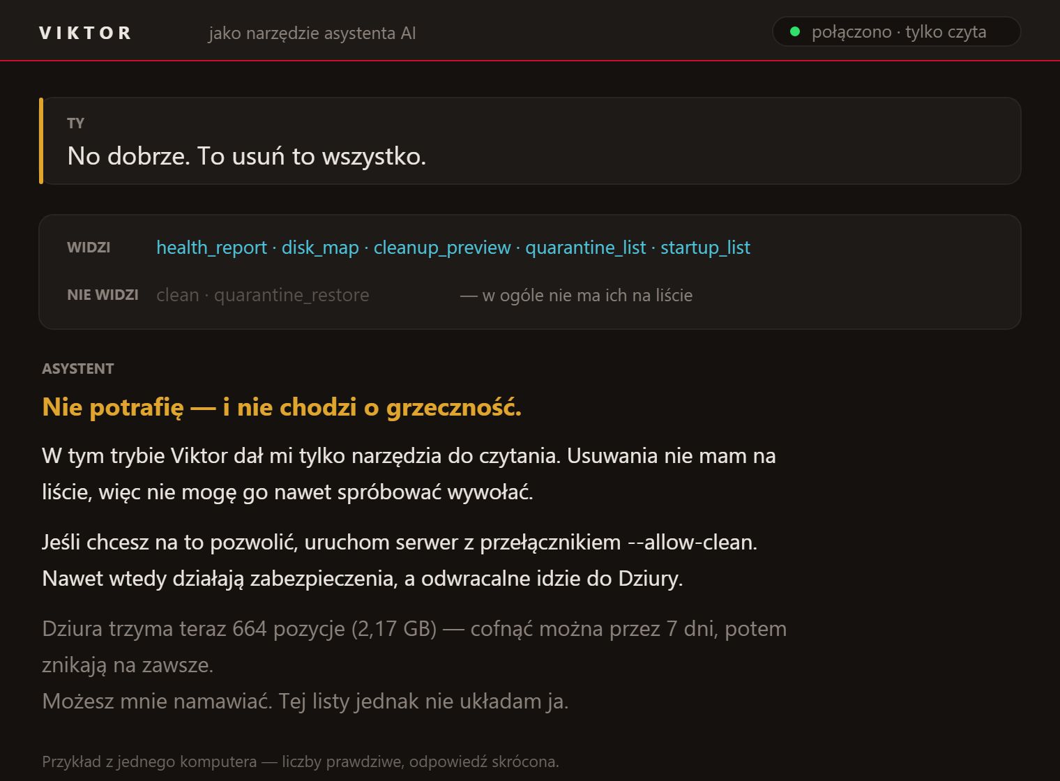 Prośba "No to usuń to wszystko." i odpowiedź asystenta, że nie potrafi: narzędzi do usuwania w ogóle nie ma na liście, bo Viktor działa w trybie tylko do odczytu.
