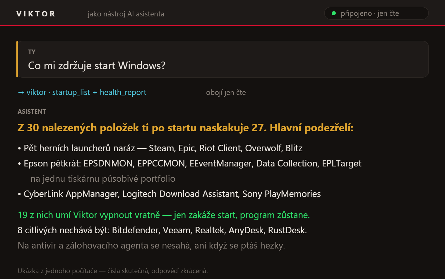 Otázka „Co mi zdržuje start Windows?" a odpověď ze seznamu programů po startu: 27 programů, 19 z nich jde vypnout vratně, 8 citlivých zůstává.