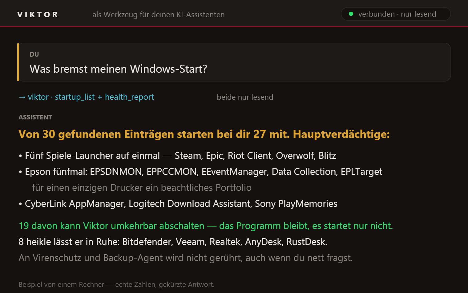 Frage "Was bremst meinen Windows-Start?" und die Antwort aus der Autostart-Liste: 27 Programme, 19 lassen sich umkehrbar abschalten, 8 heikle bleiben.
