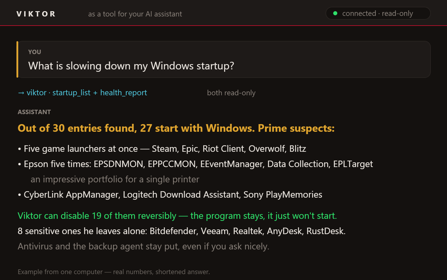 Question "What is slowing down my Windows startup?" and the answer from the startup list: 27 programs, 19 can be disabled reversibly, 8 sensitive ones stay.