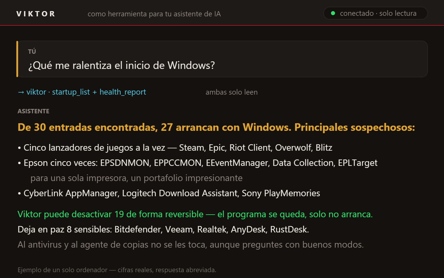 Pregunta "¿Qué ralentiza el inicio de Windows?" y la respuesta de la lista de inicio: 27 programas, 19 se pueden desactivar de forma reversible, 8 sensibles se quedan.