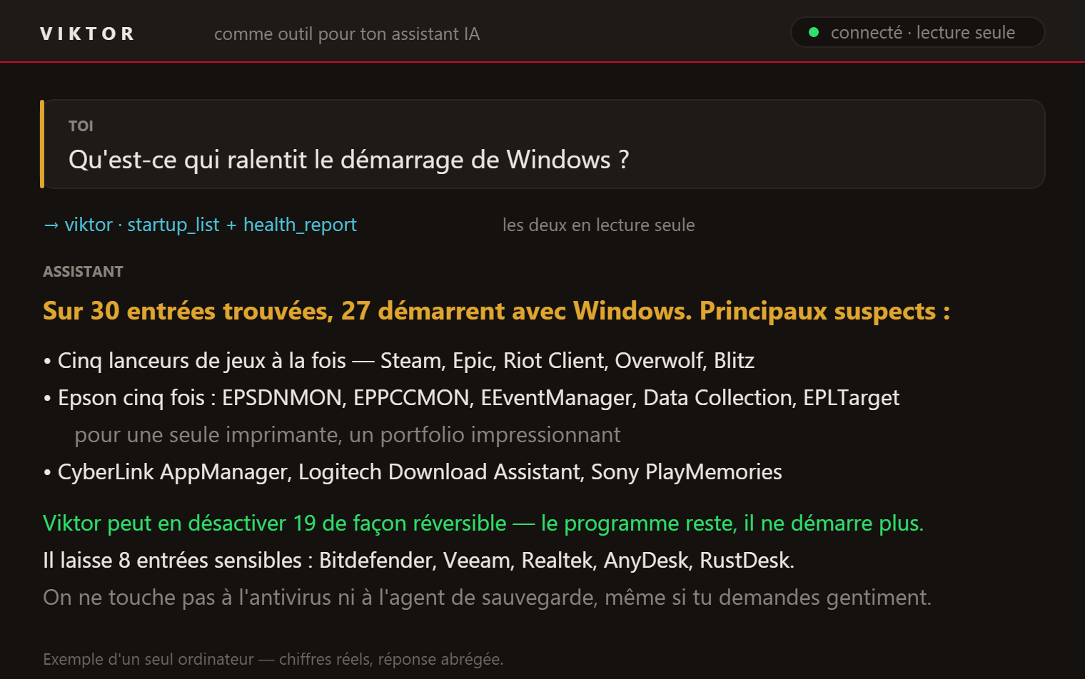 Question "Qu'est-ce qui ralentit le démarrage de Windows ?" et la réponse de la liste de démarrage : 27 programmes, 19 désactivables de façon réversible, 8 sensibles restent.