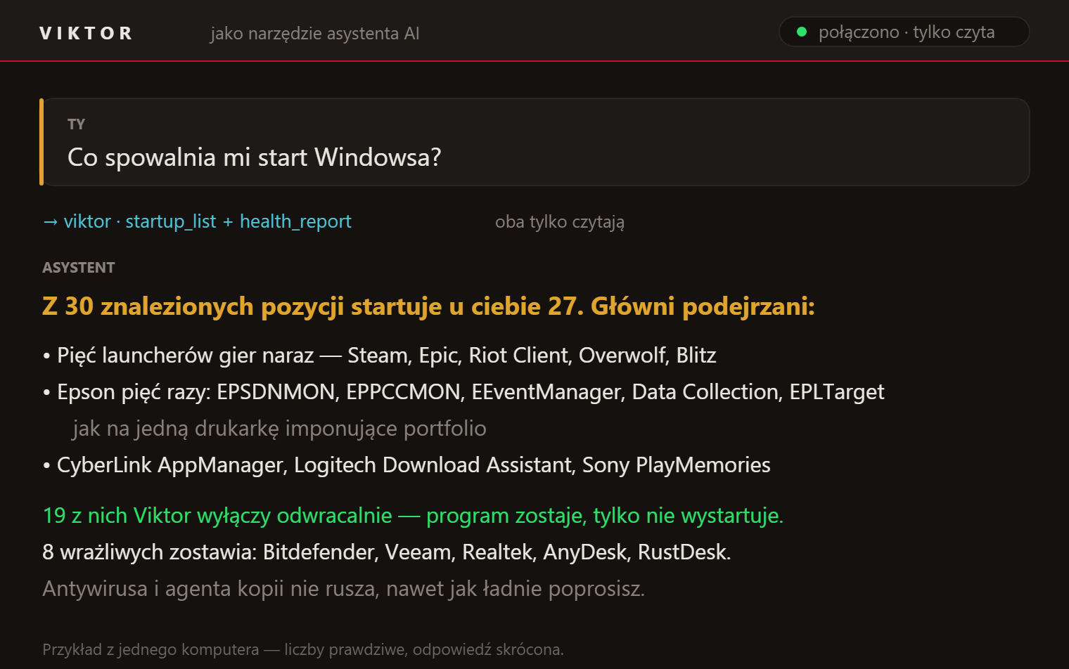 Pytanie "Co spowalnia start Windowsa?" i odpowiedź z listy programów przy starcie: 27 programów, 19 można wyłączyć odwracalnie, 8 wrażliwych zostaje.