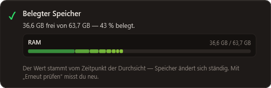 Die Karte „Belegter Speicher“ in Viktor: 36,6 GB frei von 63,7 GB, 43 % belegt, darunter der segmentierte Balken — ein breiter dunkelgrüner Teil für das System und dahinter farbige Teile einzelner Programme.