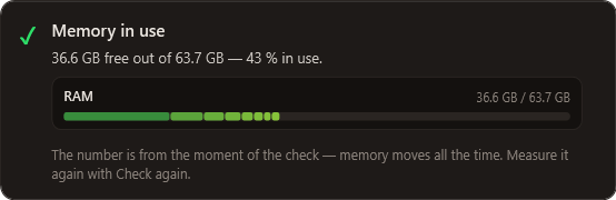 The “Memory in use” card in Viktor: 36.6 GB free out of 63.7 GB, 43 % in use, and below it the segmented bar — a wide dark green part for the system followed by coloured parts for individual programs.