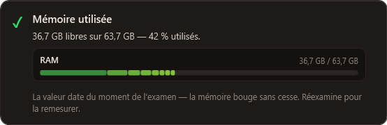 La carte « Mémoire utilisée » dans Viktor : 36,6 Go libres sur 63,7 Go, 43 % utilisés, et en dessous la barre segmentée — une large part vert foncé pour le système, puis des parts colorées pour chaque programme.