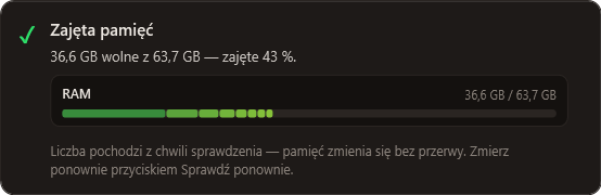 Karta „Zajęta pamięć“ w Viktorze: 36,6 GB wolne z 63,7 GB, zajęte 43 %, a pod spodem pasek segmentowy — szeroka ciemnozielona część systemu, a za nią kolorowe części poszczególnych programów.